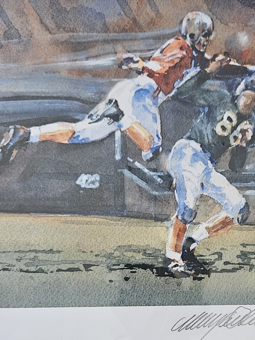 Signed Football Watercolor Print in Blue, White and Orange